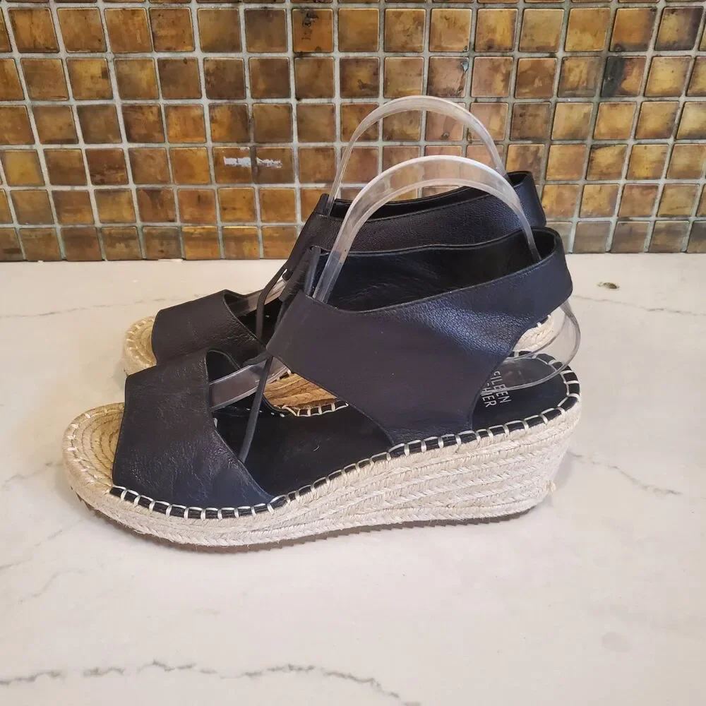 Eileen Fisher Women's Sandals 10 Black Agnes Espadrilles Leather Minimalist